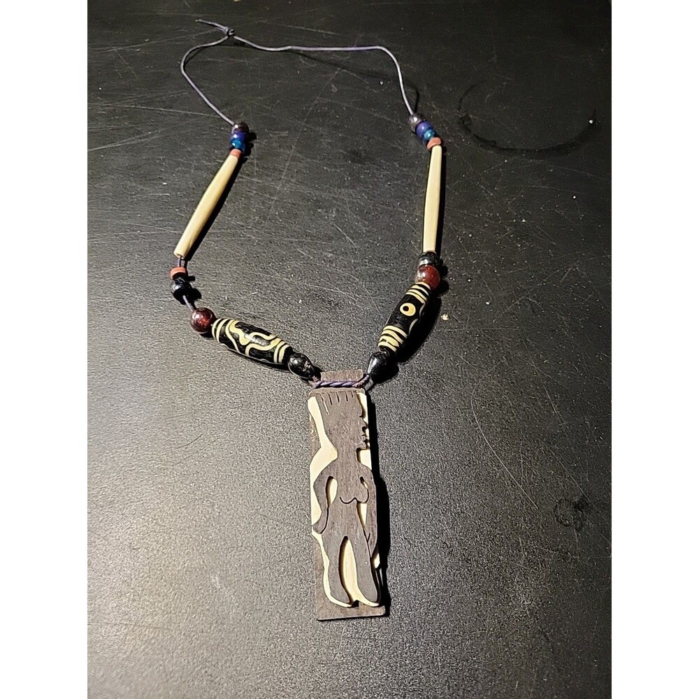 Boho tribal wood bead necklace Silloutte Figure Vtg Long Beads Africa Travel